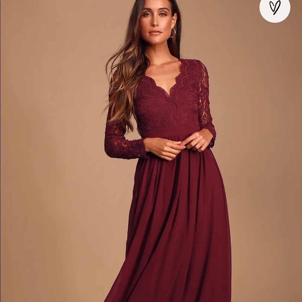 Lulu’s Awaken My Love Burgundy Long Sleeve Lace Maxi Dress - Small
